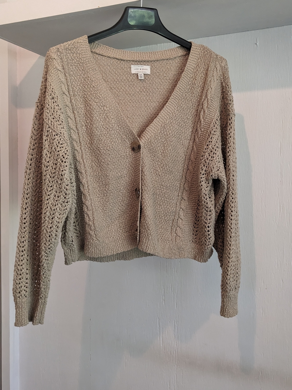 Lucky Brand Cozy V-Neck Cable Knit Cardigan - Neutral Beige